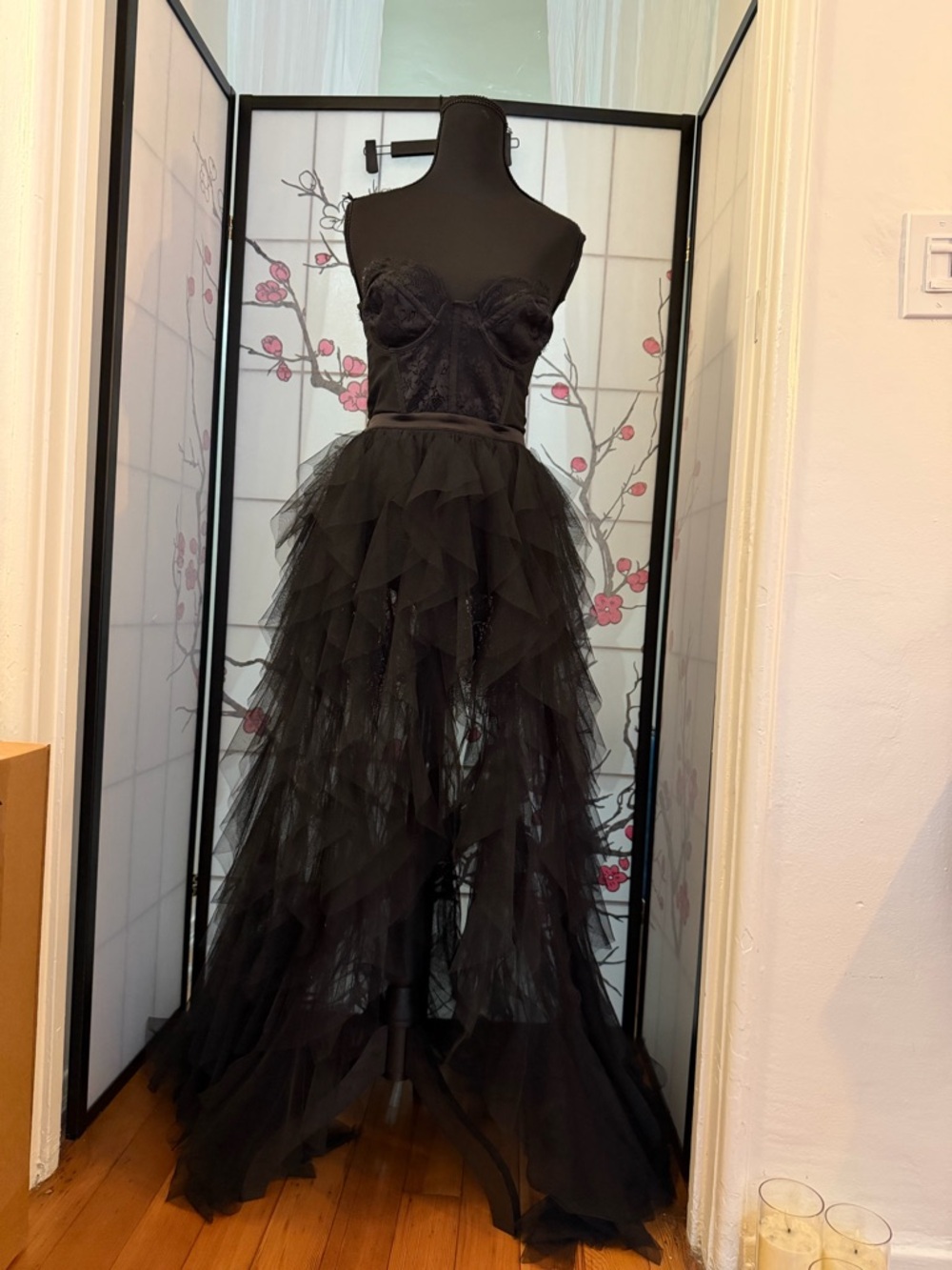 For Love And Lemons Black Strapless Tiered Tulle Maxi Dress